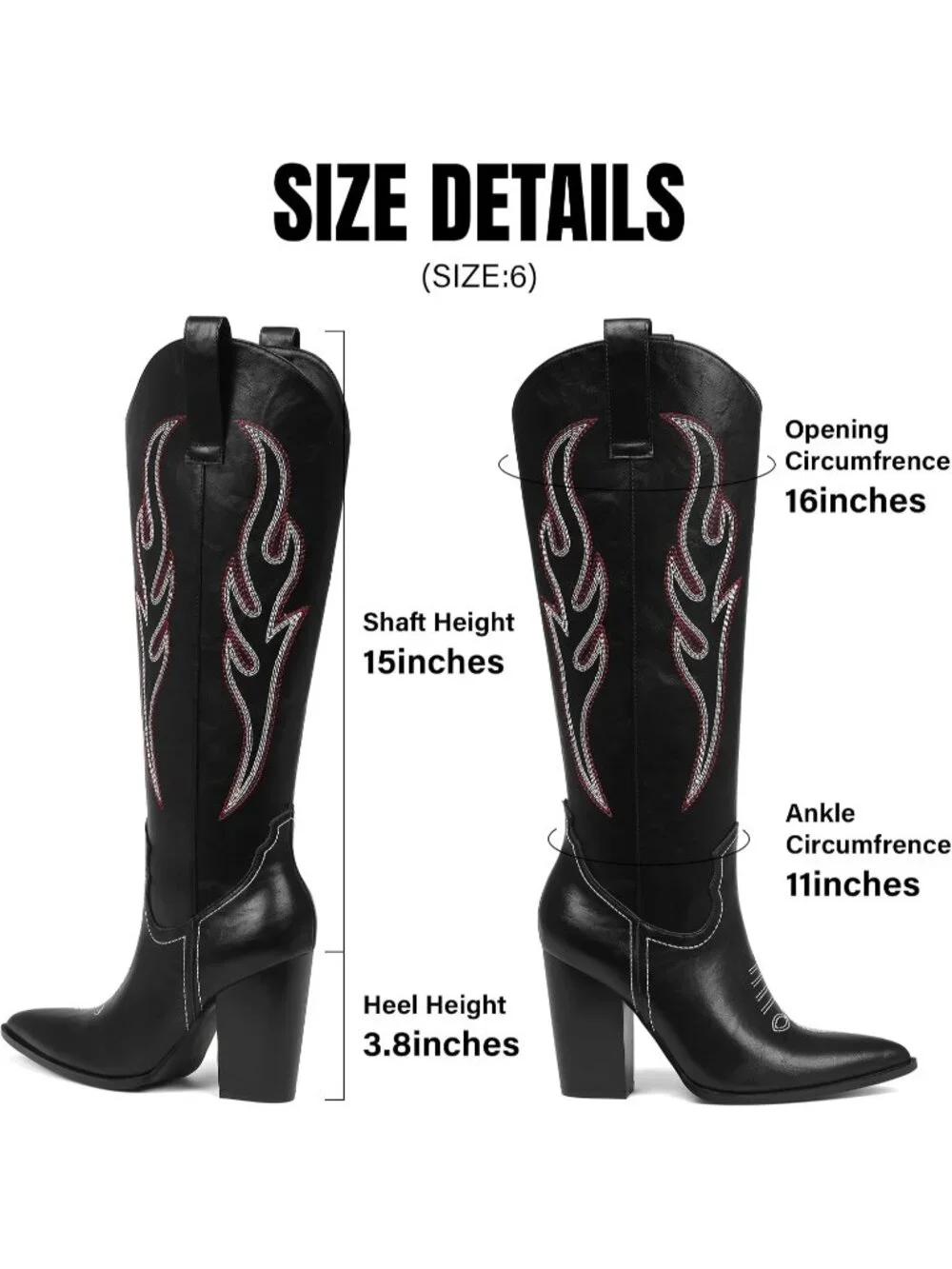 Women's Black Leather Embroidered Rhinestone Wide Calf Side Zipper Cowgirl Boots